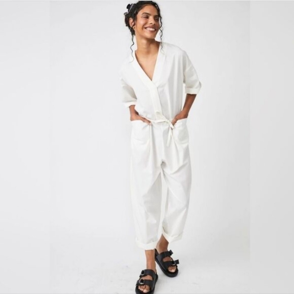 Free People Jumpsuit Feels So Right White Cotton‎ Short Sleeve